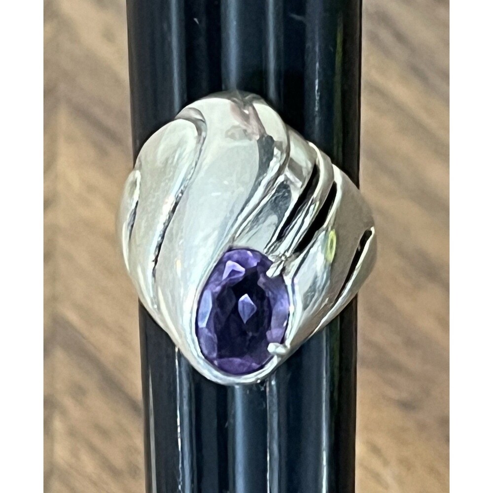 Amethyst Brutalist Modernist Art Deco Sterling Silver Ring Sz 9 /10grams